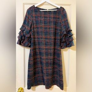 Roz & Ali Plaid Spanish Ruffle Sleeve Midi Dress. Size 6